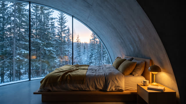 Design visualization: a quiet curved bedroom — the quarters — inside the dome.