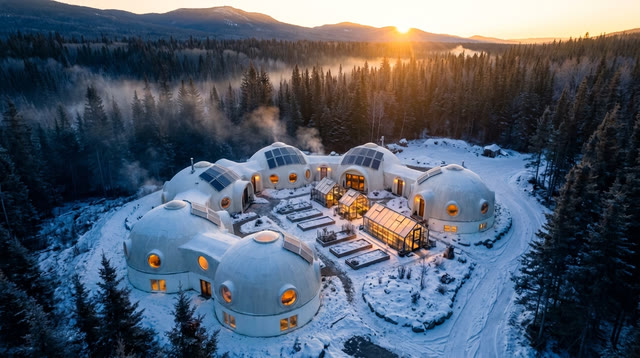 Design visualization: a small self-sufficient dome community at dawn — Canada's first Blue Zone, in development.