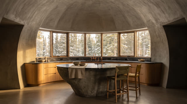 Design visualization: a warm curved kitchen cast inside the concrete shell.