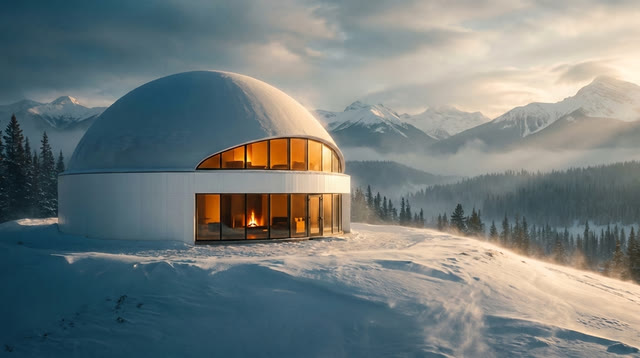Design visualization: a lone white monolithic dome on a snowy Canadian ridge at golden dawn.