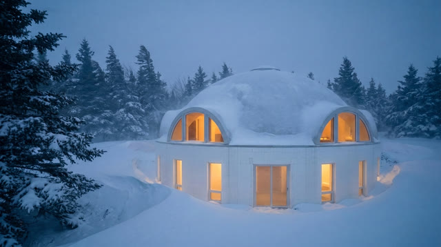 Design visualization: a blizzard the monolithic dome shrugs off — rated for 300 mph, fireproof.