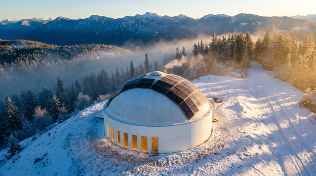 Design visualization: solar arrays on the curved roof — off-grid, net-zero, zero bills.